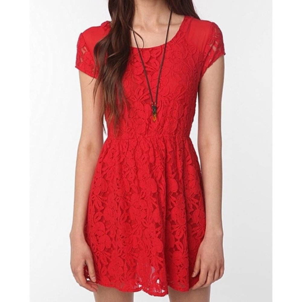 anthropologie red lace fit & flare dress w/short sleeves size medium